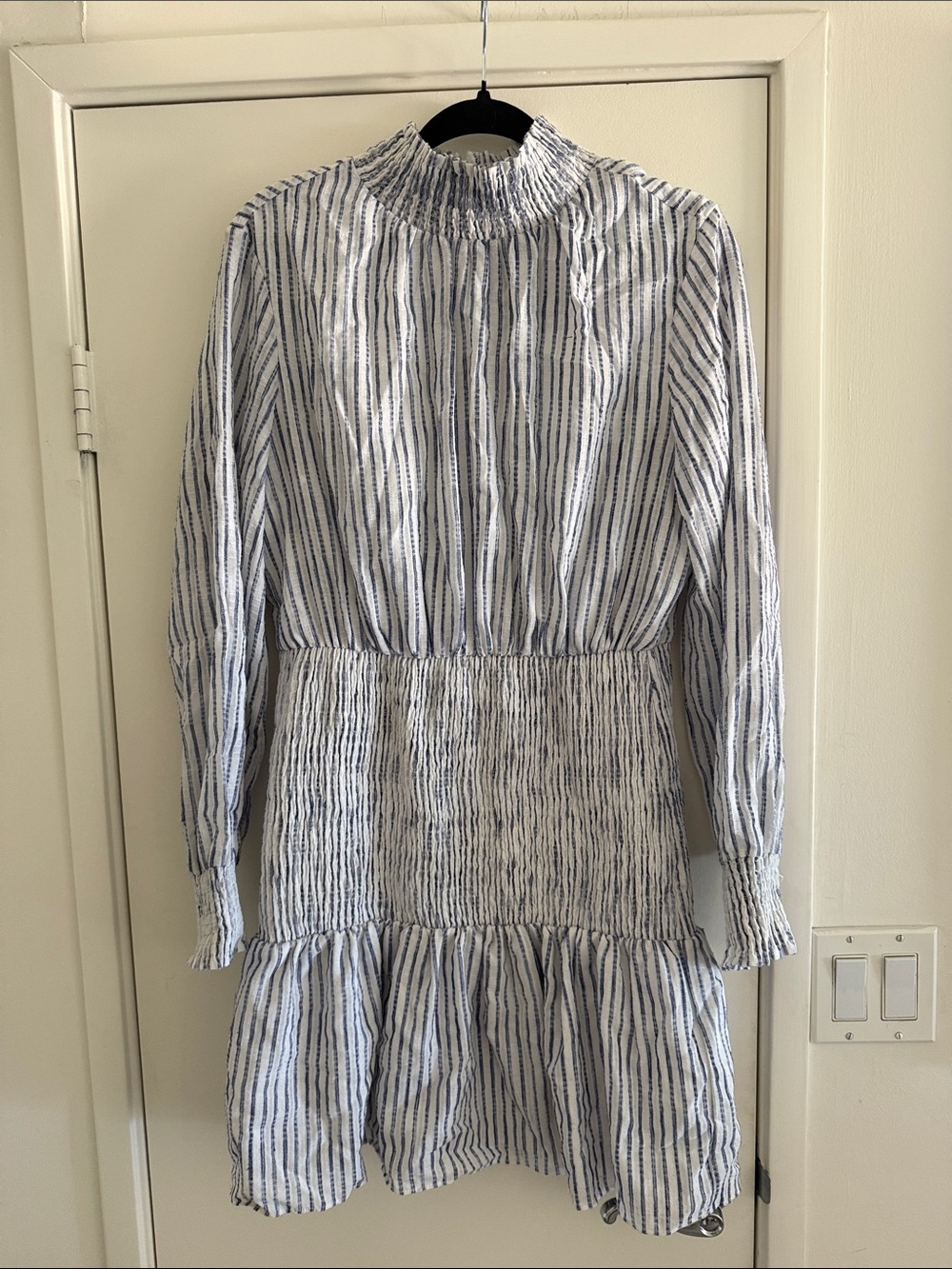 Striped Smocked Waist Mini Dress - White/Blue